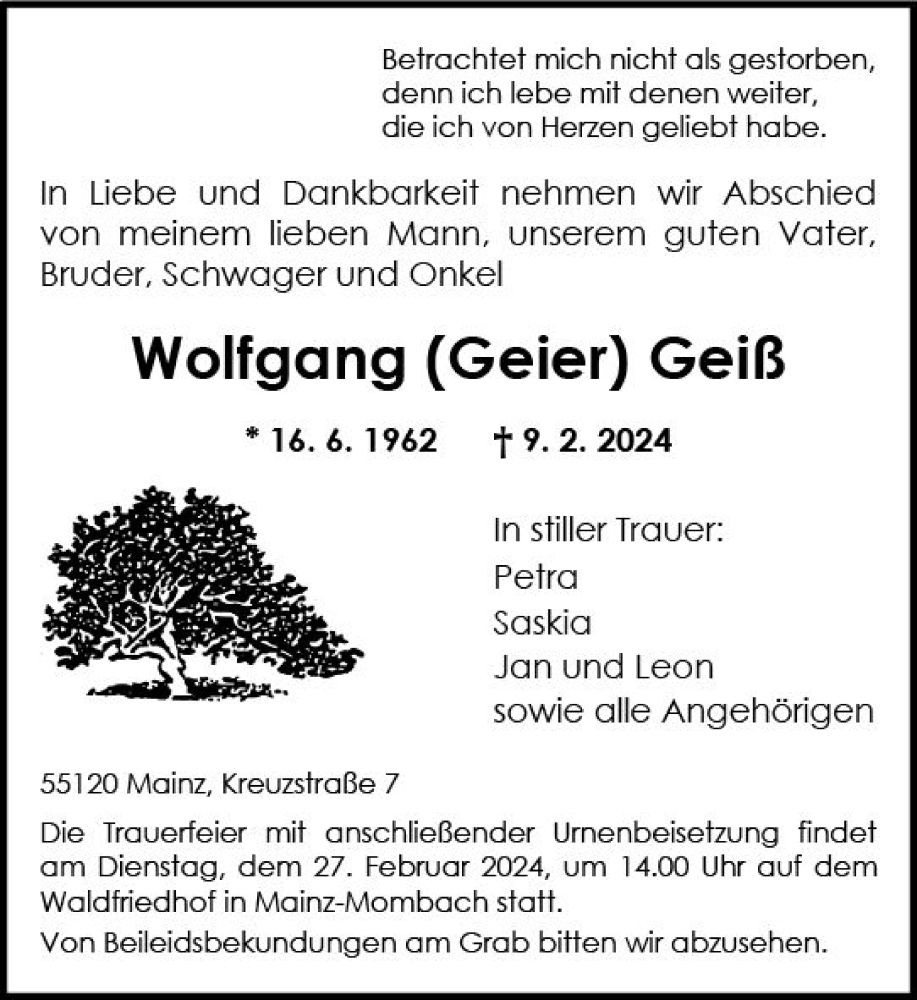  Traueranzeige für Wolfgang  Geiß vom 24.02.2024 aus Allgemeine Zeitung Mainz