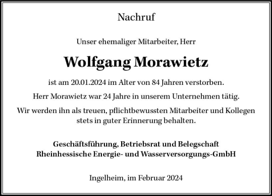 Traueranzeige von Wolfgang Morawietz von Allgemeine Zeitung Bingen/Ingelheim