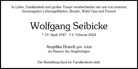 Traueranzeige von Wolfgang Seibicke von Wiesbadener Kurier