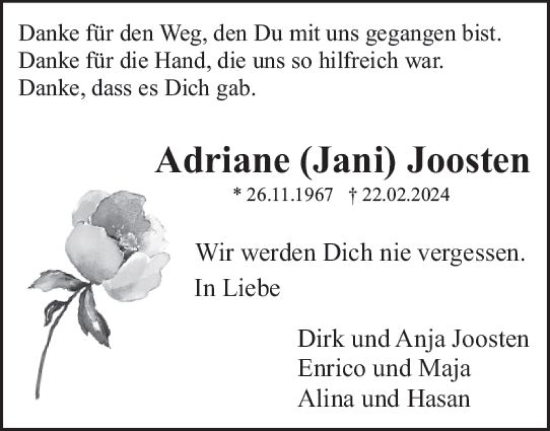 Traueranzeige von Adriane Joosten von Odenwälder Echo