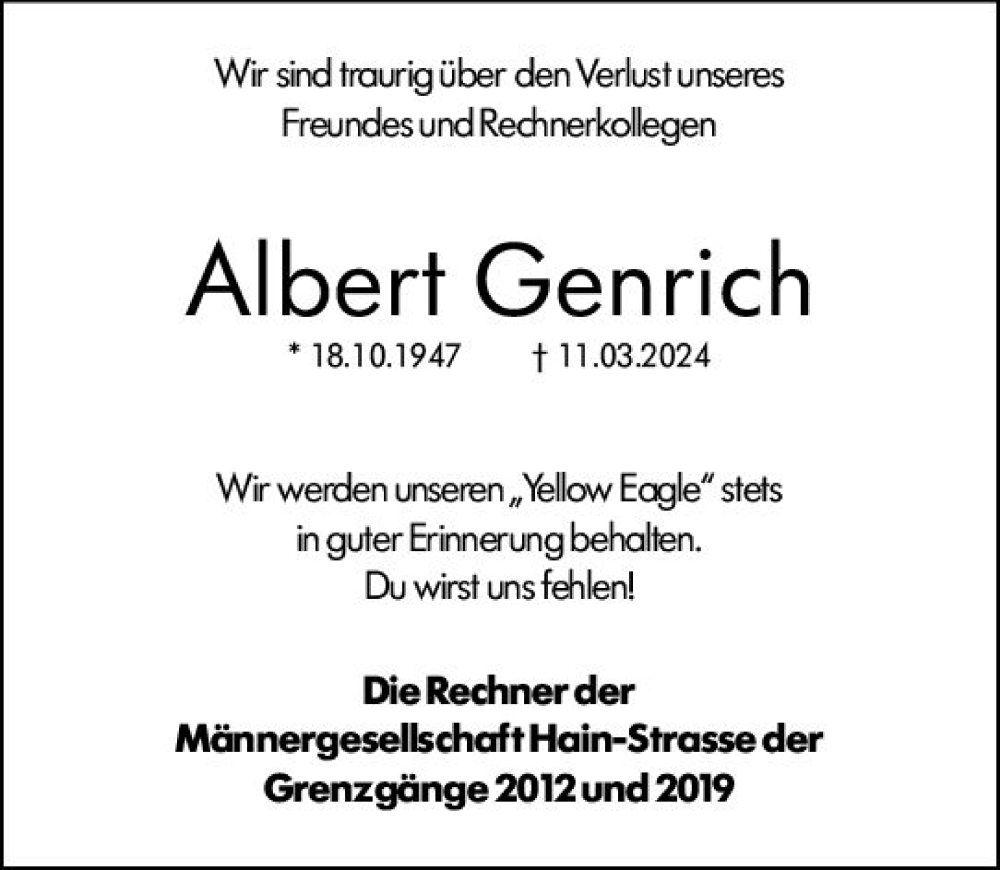  Traueranzeige für Albert Genrich vom 23.03.2024 aus Hinterländer Anzeiger