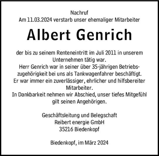 Traueranzeige von Albert Genrich von Hinterländer Anzeiger