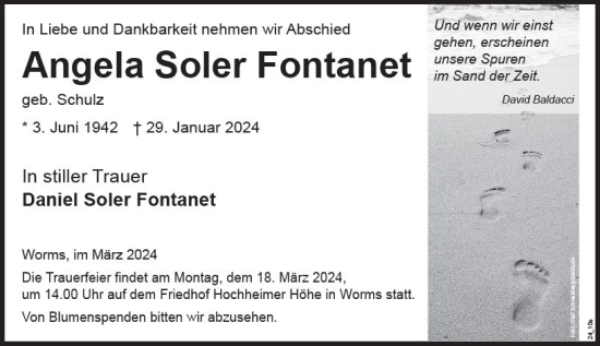 Traueranzeige von Angela Soler Fontanet von Wormser Zeitung