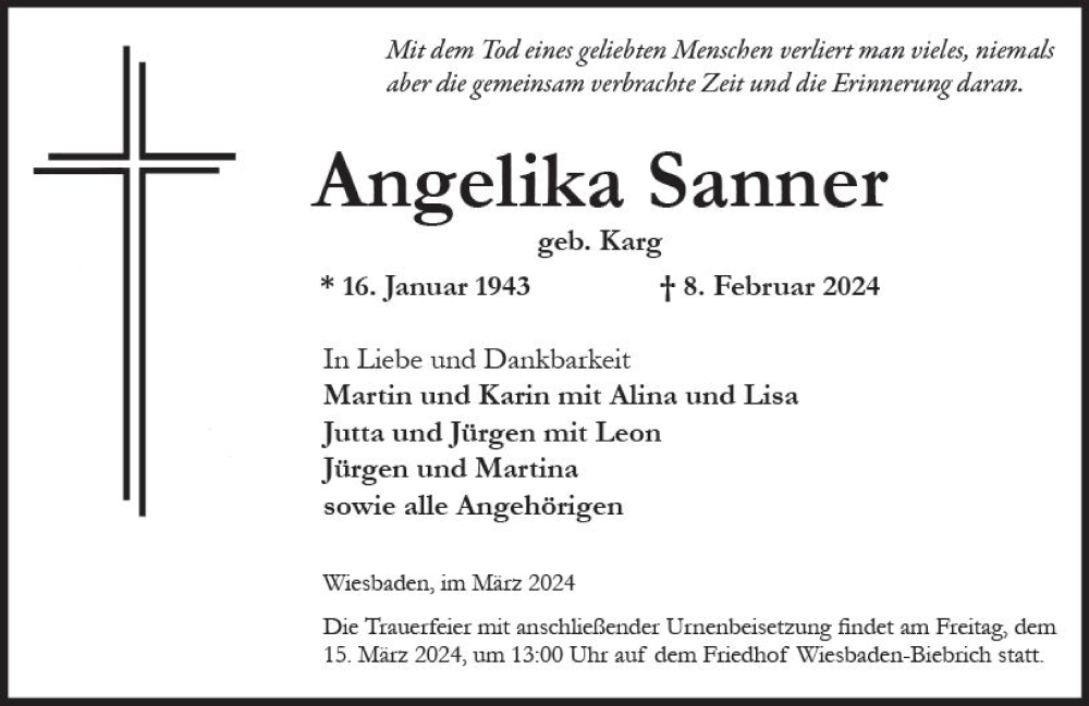  Traueranzeige für Angelika Sanner vom 02.03.2024 aus Wiesbadener Kurier