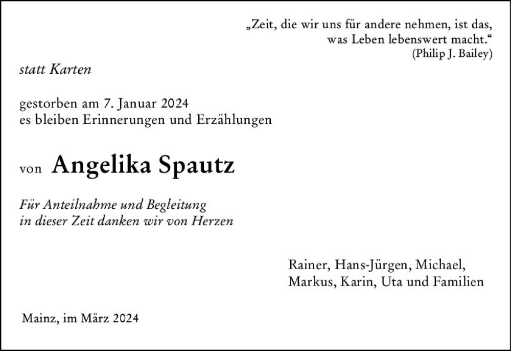  Traueranzeige für Angelika Spautz vom 30.03.2024 aus Allgemeine Zeitung Mainz