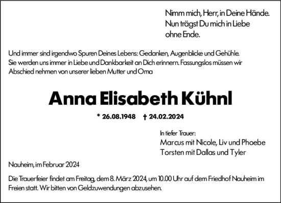 Traueranzeige von Anna Elisabeth Kühnl von Rüsselsheimer Echo