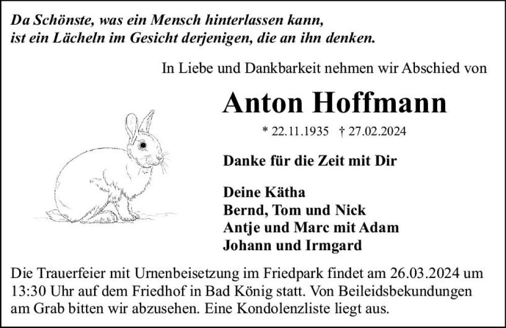 Traueranzeige für Anton Hoffmann vom 16.03.2024 aus Odenwälder Echo