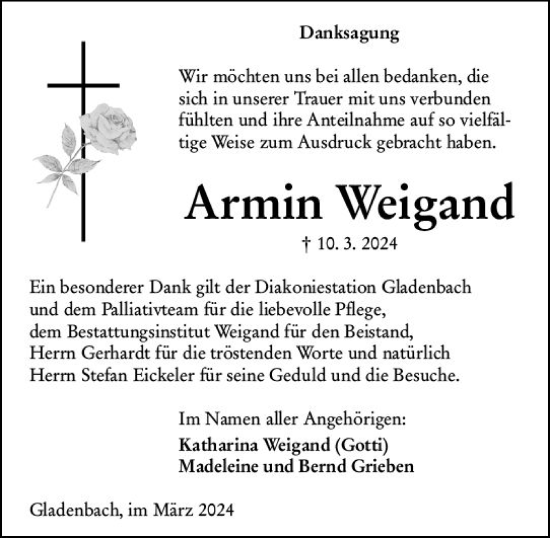 Traueranzeige von Armin Weigand von Hinterländer Anzeiger