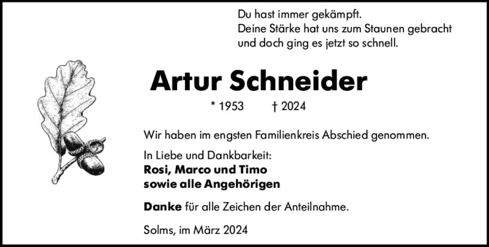  Traueranzeige für Artur Schneider vom 23.03.2024 aus Wetzlarer Neue Zeitung