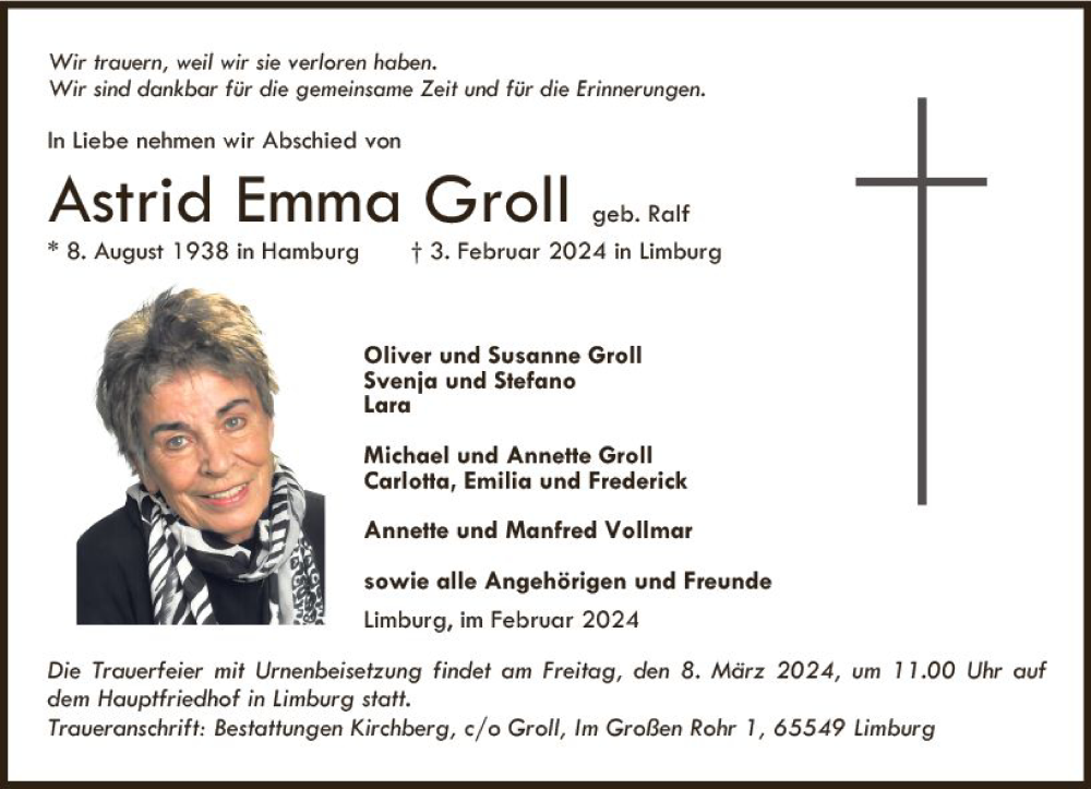  Traueranzeige für Astrid Emma Groll vom 02.03.2024 aus Nassauische Neue Presse
