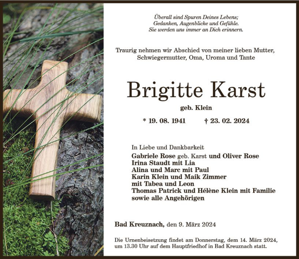  Traueranzeige für Brigitte Karst vom 09.03.2024 aus Allgemeine Zeitung Bad Kreuznach