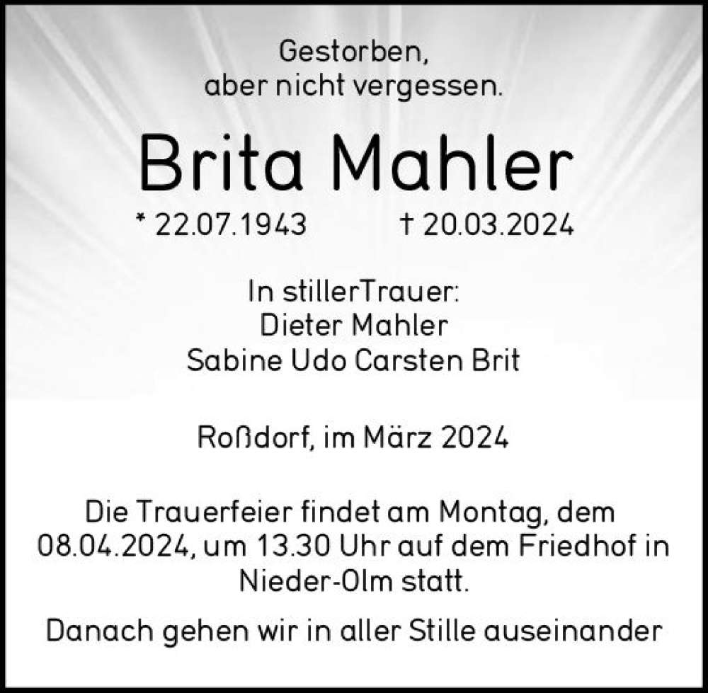  Traueranzeige für Brita Mahler vom 30.03.2024 aus Darmstädter Echo