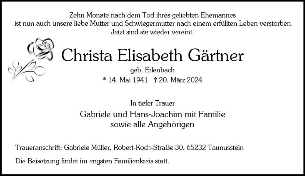  Traueranzeige für Christa Elisabeth vom 30.03.2024 aus Wiesbadener Kurier