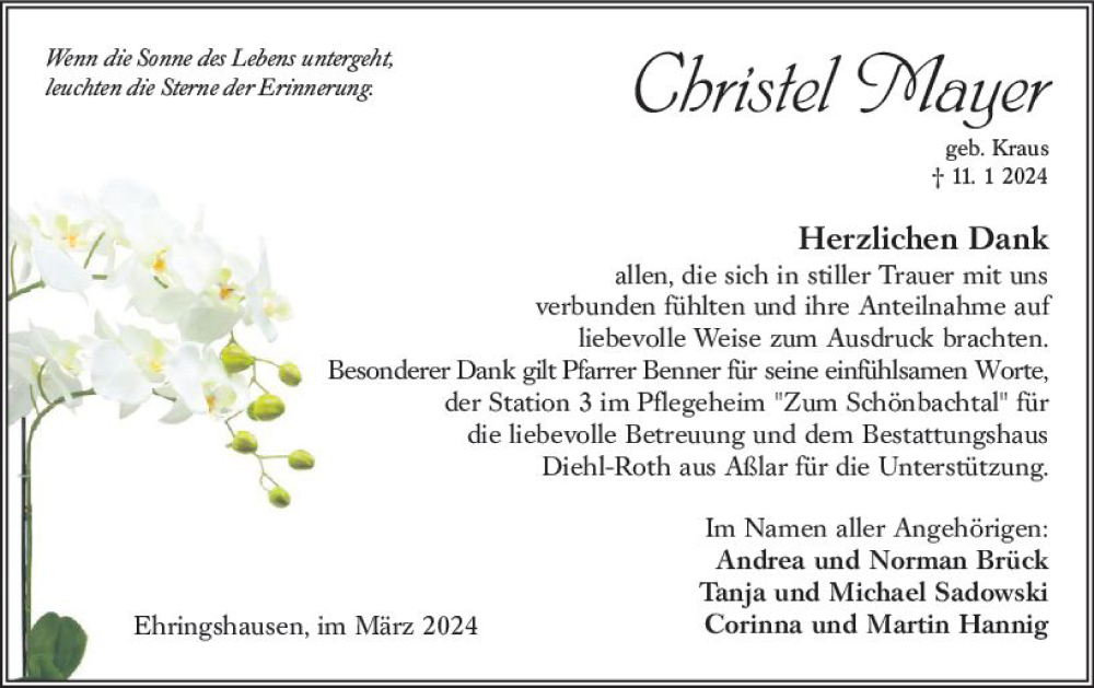  Traueranzeige für Christel Mayer vom 02.03.2024 aus Wetzlarer Neue Zeitung