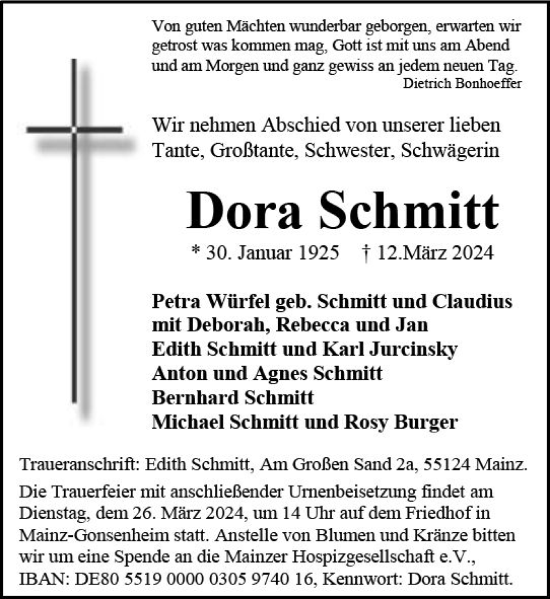 Traueranzeige von Dora Schmitt von Allgemeine Zeitung Mainz