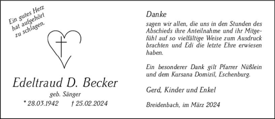 Traueranzeige von Edeltraud D. Becker von Hinterländer Anzeiger