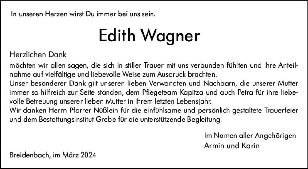  Traueranzeige für Edith Wagner vom 16.03.2024 aus Hinterländer Anzeiger