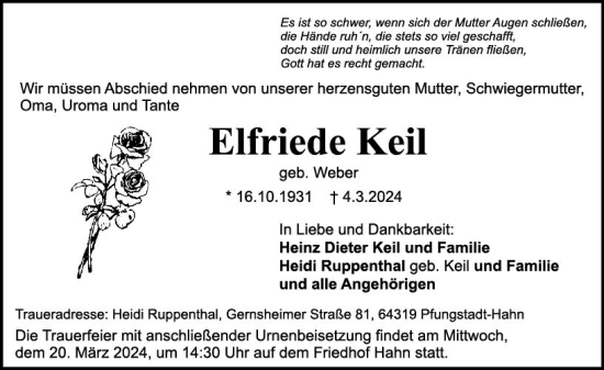 Traueranzeige von Elfriede Keil von Darmstädter Echo