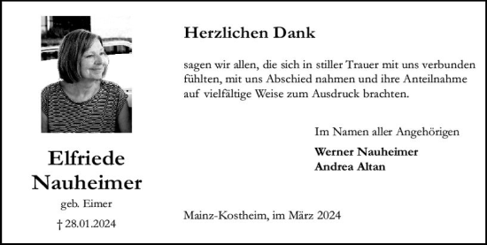 Traueranzeige von Elfriede Nauheimer von Allgemeine Zeitung Mainz