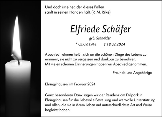 Traueranzeige von Elfriede Schäfer von Wetzlarer Neue Zeitung