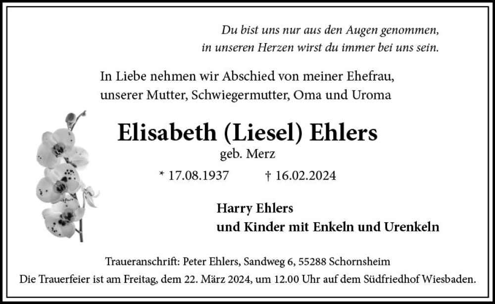  Traueranzeige für Elisabeth  Ehlers vom 16.03.2024 aus Wiesbadener Kurier