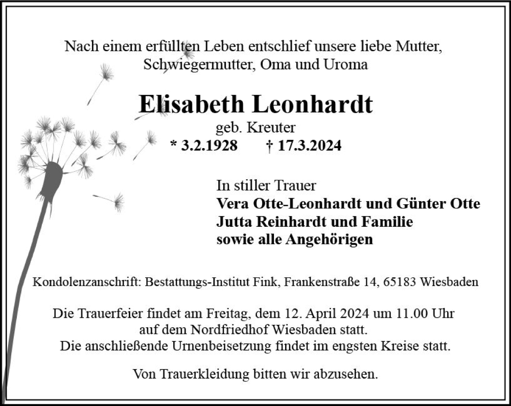  Traueranzeige für Elisabeth Leonhardt vom 30.03.2024 aus Wiesbadener Kurier