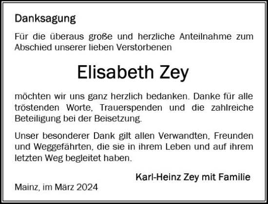 Traueranzeige von Elisabeth Zey von Allgemeine Zeitung Mainz