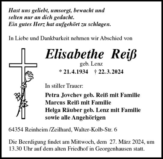 Traueranzeige von Elisabethe Reiß von Darmstädter Echo