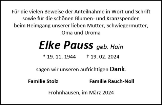 Traueranzeige von Elke Pauss von Dill Block