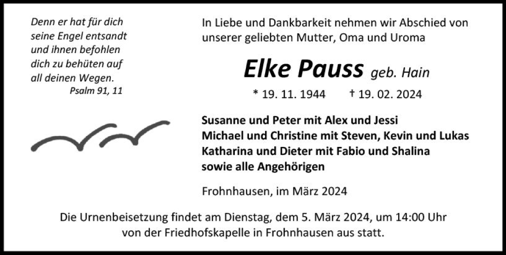  Traueranzeige für Elke Pauss vom 01.03.2024 aus Dill Block