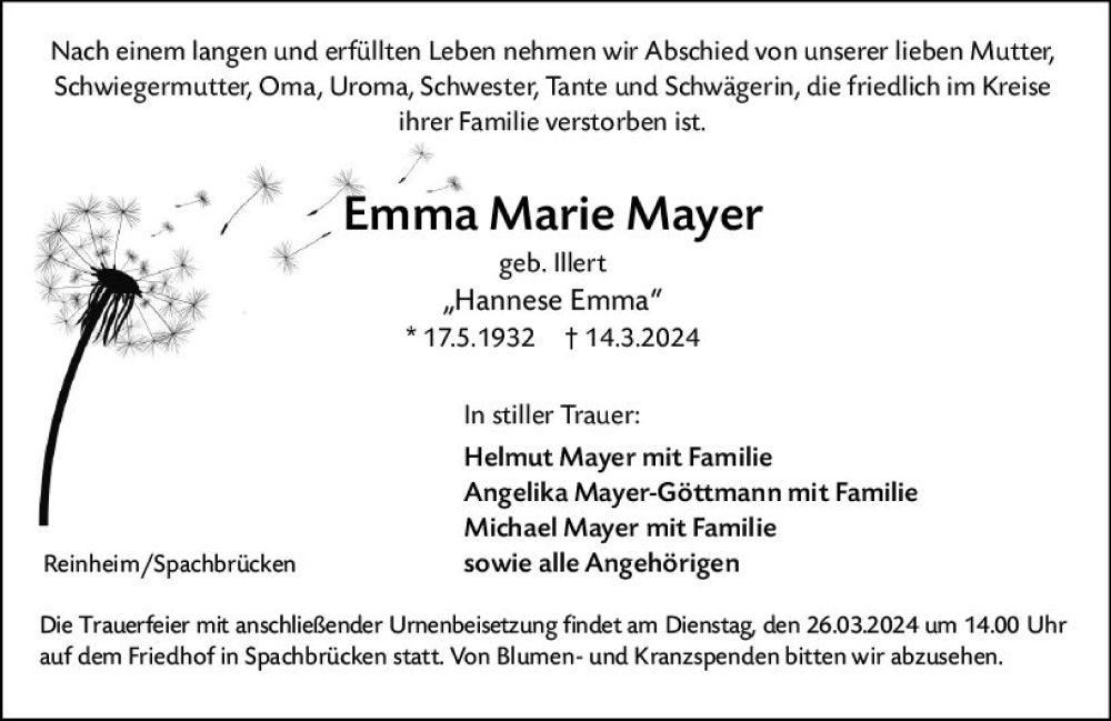  Traueranzeige für Emma Marie Mayer vom 23.03.2024 aus Darmstädter Echo