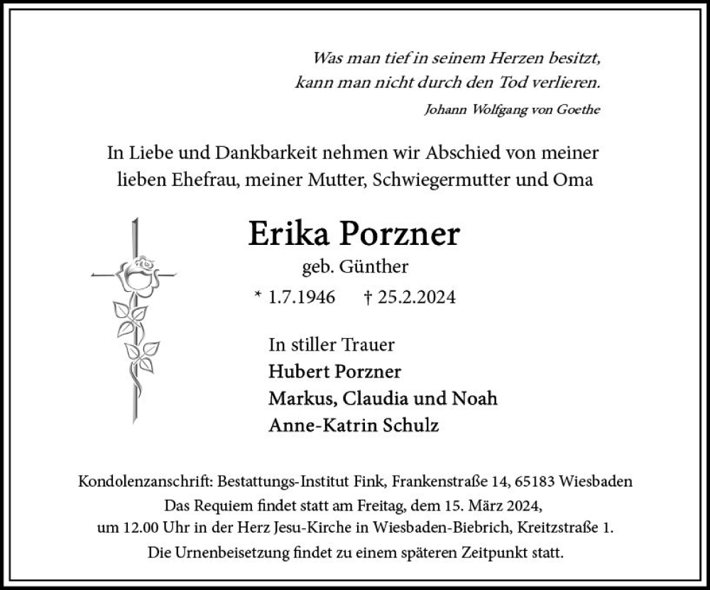  Traueranzeige für Erika Porzner vom 02.03.2024 aus Wiesbadener Kurier