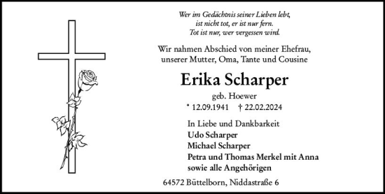 Traueranzeige von Erika Scharper von Groß-Gerauer Echo