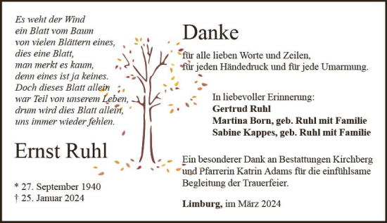 Traueranzeige von Ernst Ruhl von Nassauische Neue Presse