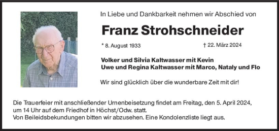 Traueranzeige von Franz Strohschneider von Odenwälder Echo