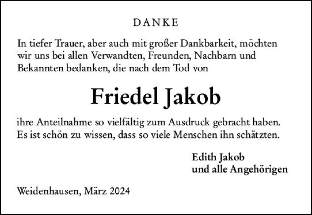  Traueranzeige für Friedel Jakob vom 21.03.2024 aus Hinterländer Anzeiger