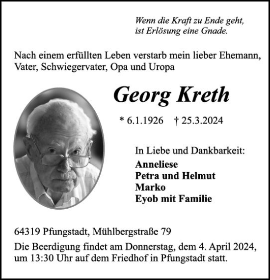 Traueranzeige von Georg Kreth von Darmstädter Echo