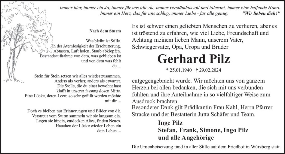  Traueranzeige für Gerhard Pilz vom 30.03.2024 aus Odenwälder Echo