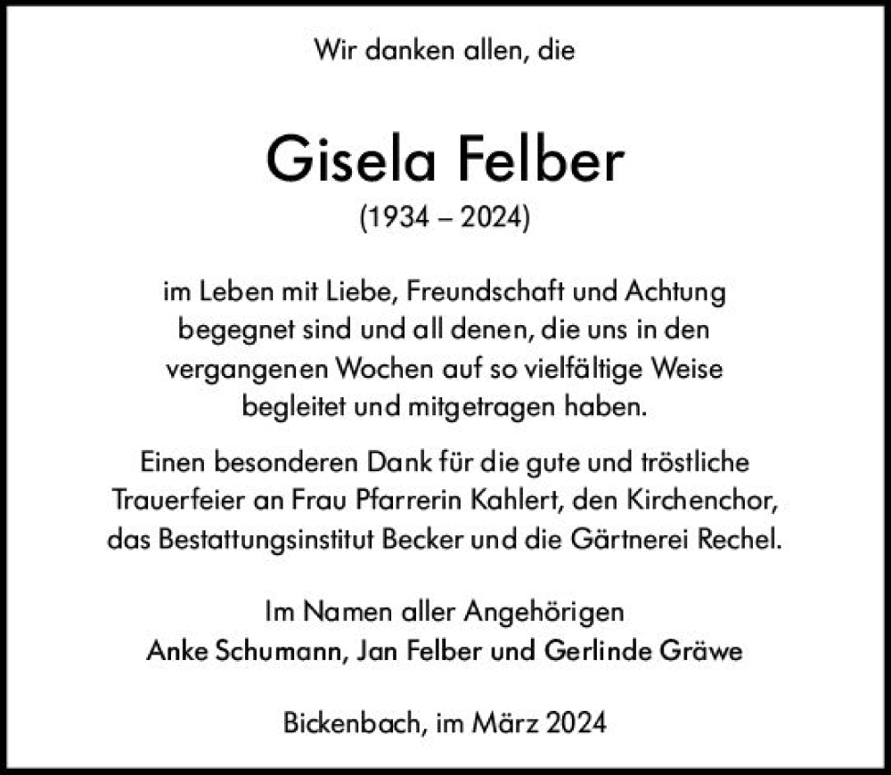  Traueranzeige für Gisela Felber vom 30.03.2024 aus Darmstädter Echo