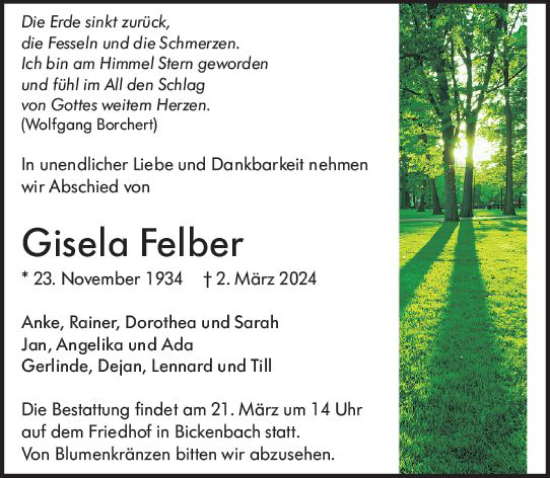 Traueranzeige von Gisela Felber von Darmstädter Echo
