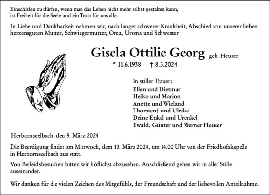 Traueranzeige von Gisela Ottilie Georg von Dill Block