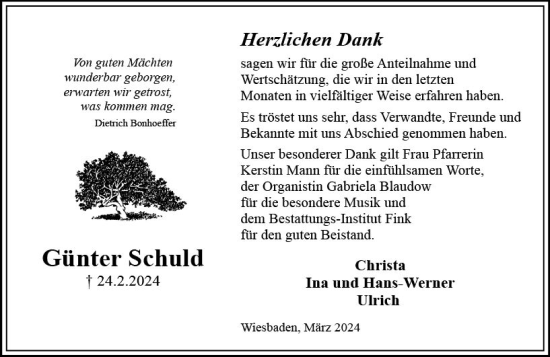 Traueranzeige von Günter Schuld von Wiesbadener Kurier