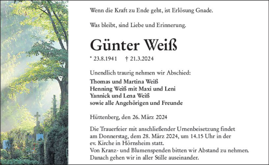Traueranzeige von Günter Weiß von Wetzlarer Neue Zeitung