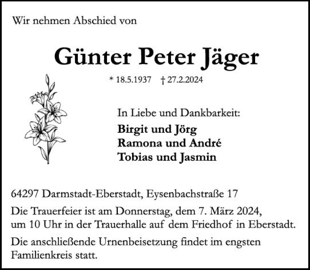  Traueranzeige für Günter Peter Jäger vom 02.03.2024 aus Darmstädter Echo
