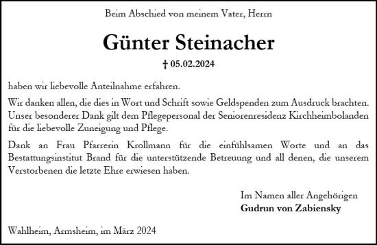Traueranzeige von Günther Steinacher von Allgemeine Zeitung Alzey