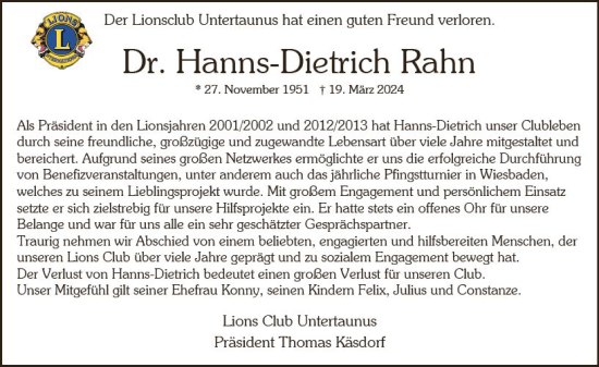 Traueranzeige von Hanns-Dietrich Rahn von Wiesbadener Kurier