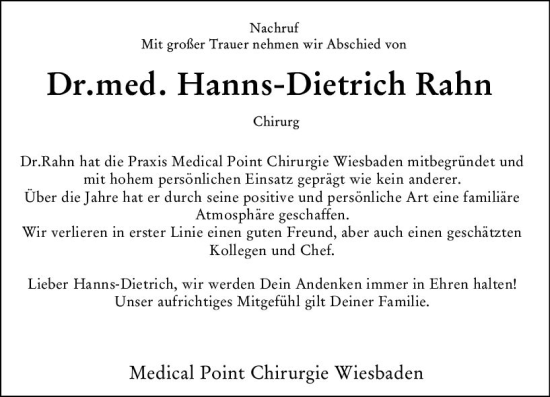 Traueranzeige von Hanns-Dietrich Rahn von Wiesbadener Kurier