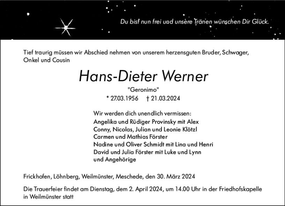  Traueranzeige für Hans-Dieter Werner vom 30.03.2024 aus Weilburger Tageblatt