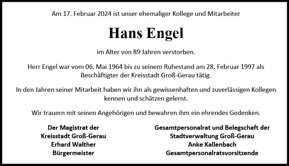  Traueranzeige für Hans Engel vom 09.03.2024 aus Groß-Gerauer Echo
