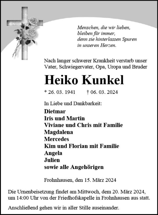 Traueranzeige von Heiko Kunkel von Dill Block